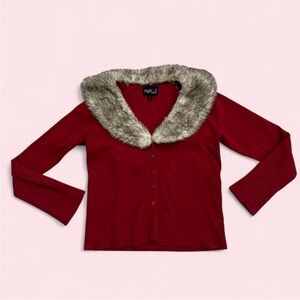 Red Cardigan with Faux Fur Collar